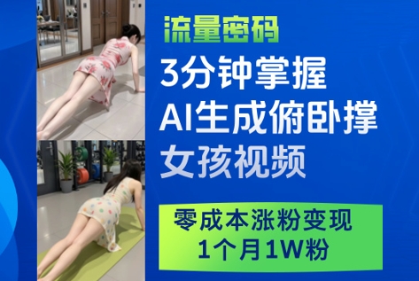 3分钟掌握AI生成俯卧撑女孩视频，零成本涨粉变现，1个月1W粉艾云项目网-专注分享网络创业项目落地实操课程 – 全网首发_高质量创业项目输出艾云项目网